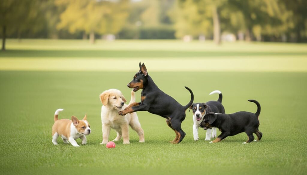 A young Doberman socializing with other dogs at a park