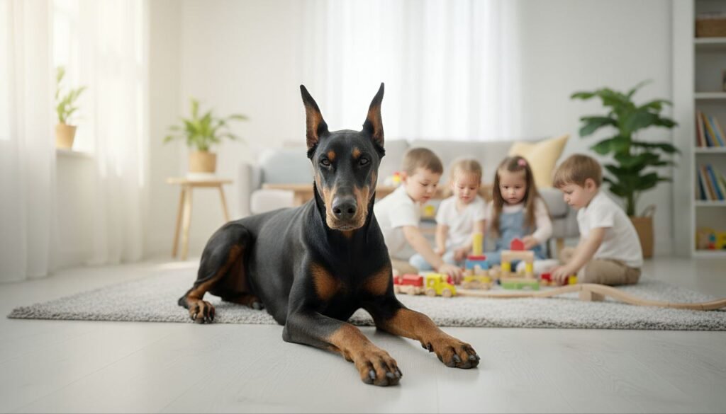 A Doberman resting indoors with children playing around it