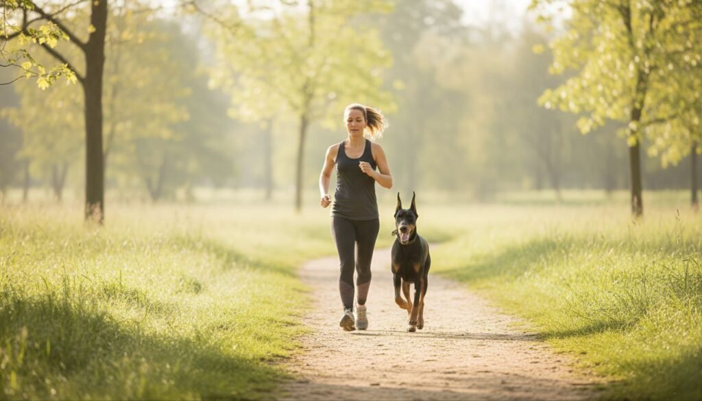 A Doberman running alongside its owner during a morning jog