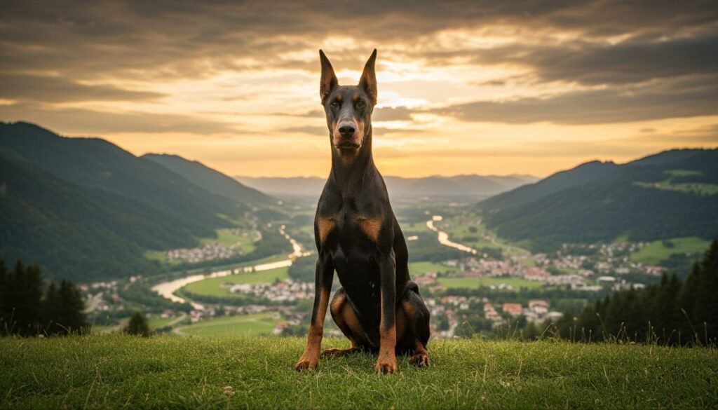 A proud Doberman sitting on a hill, gazing into the distance