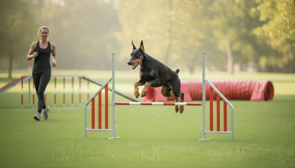 Doberman solving a puzzle
