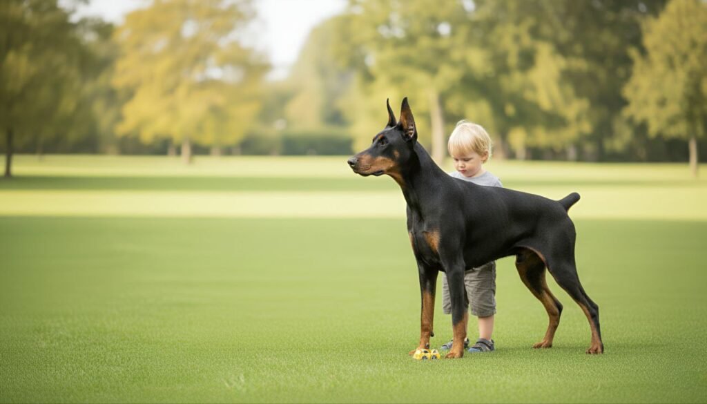 A Doberman standing protectively beside a child in a backyard setting