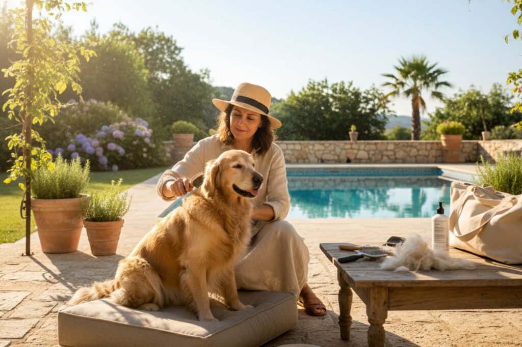 Owner grooming a dog with a brush while the dog sits calmly