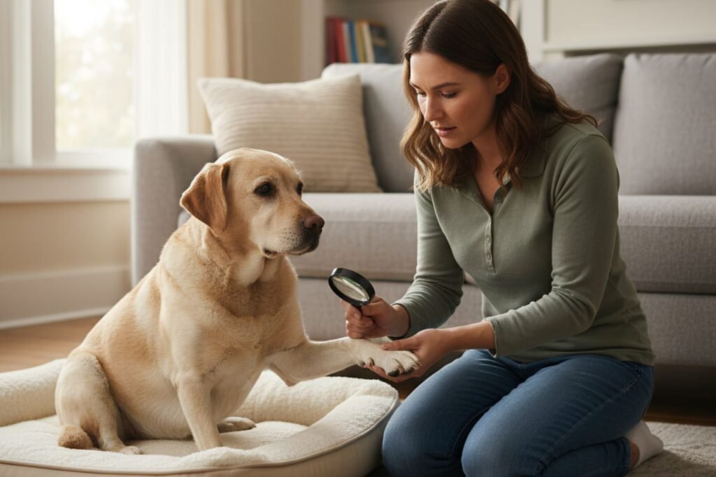 Owner gently checking their dog’s paw for signs of injury or swelling