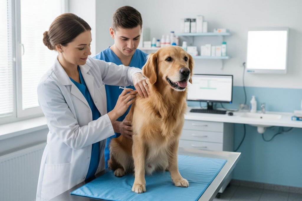 Vet giving a vaccination to a dog at a veterinary clinic