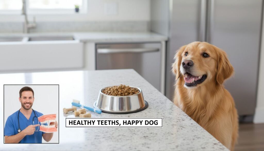 Dog dental care tools alongside kibble to show cleaning needs