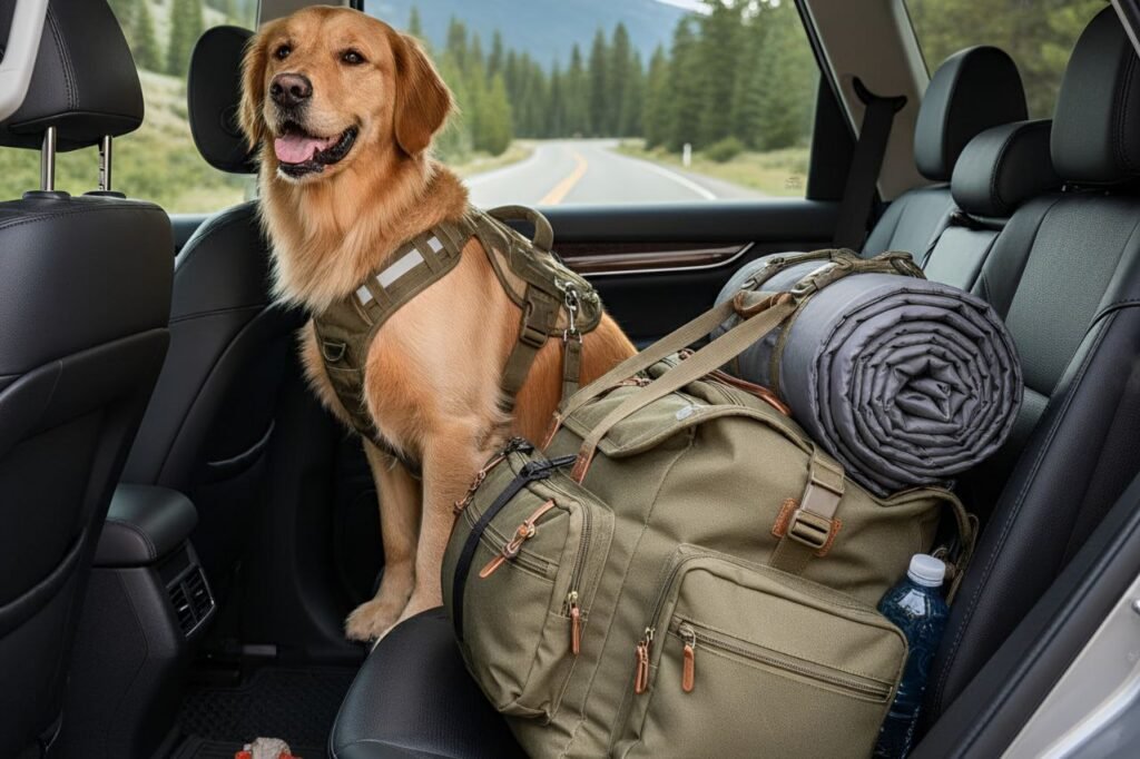 Dog ready for travel, sitting safely with a harness in a car