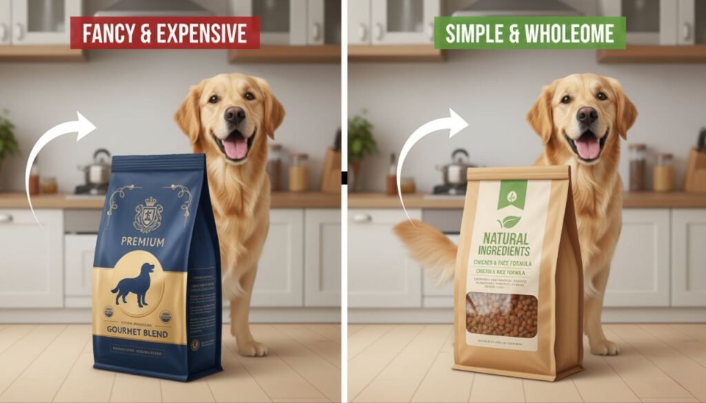 Expensive and affordable dog food options shown as equally healthy choices