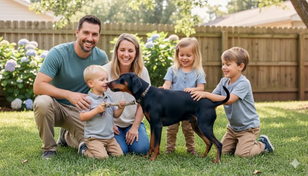 Family playing with a German Pinscher outdoors, showing affectionate interaction