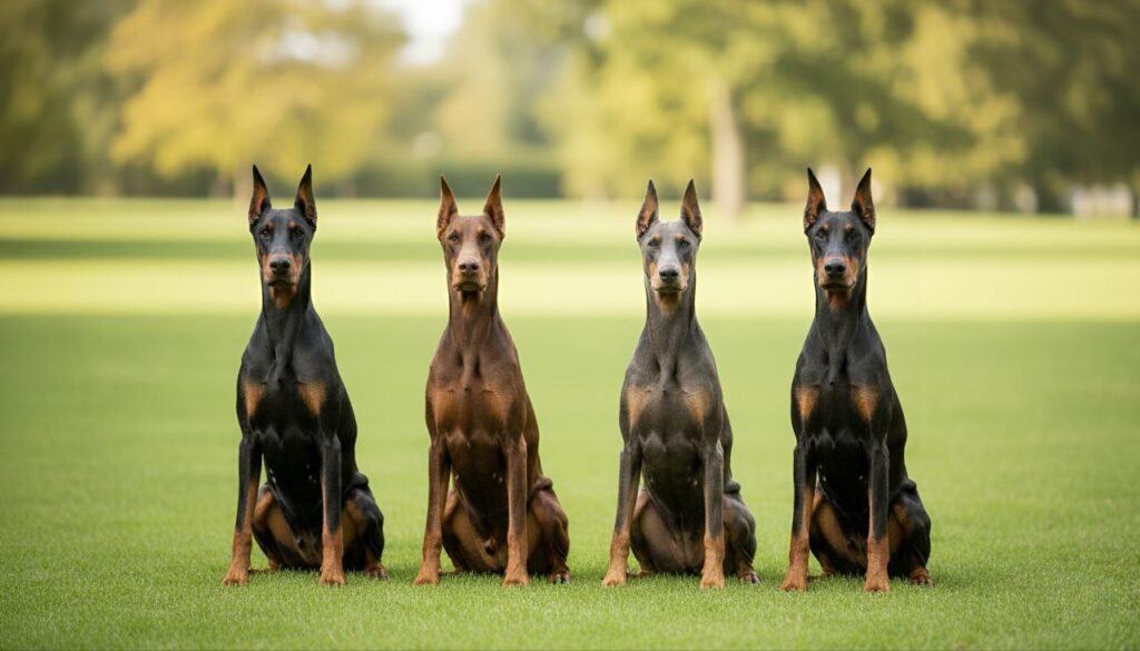 Four Dobermans with different coat colors: black, red, blue, and fawn, each with tan markings