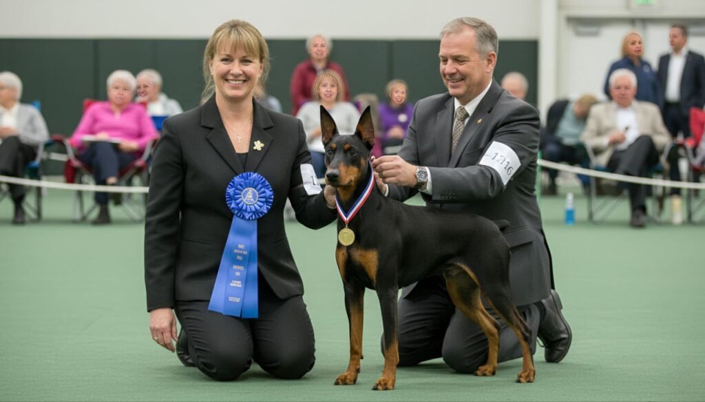 German Pinscher at a dog show receiving a ribbon