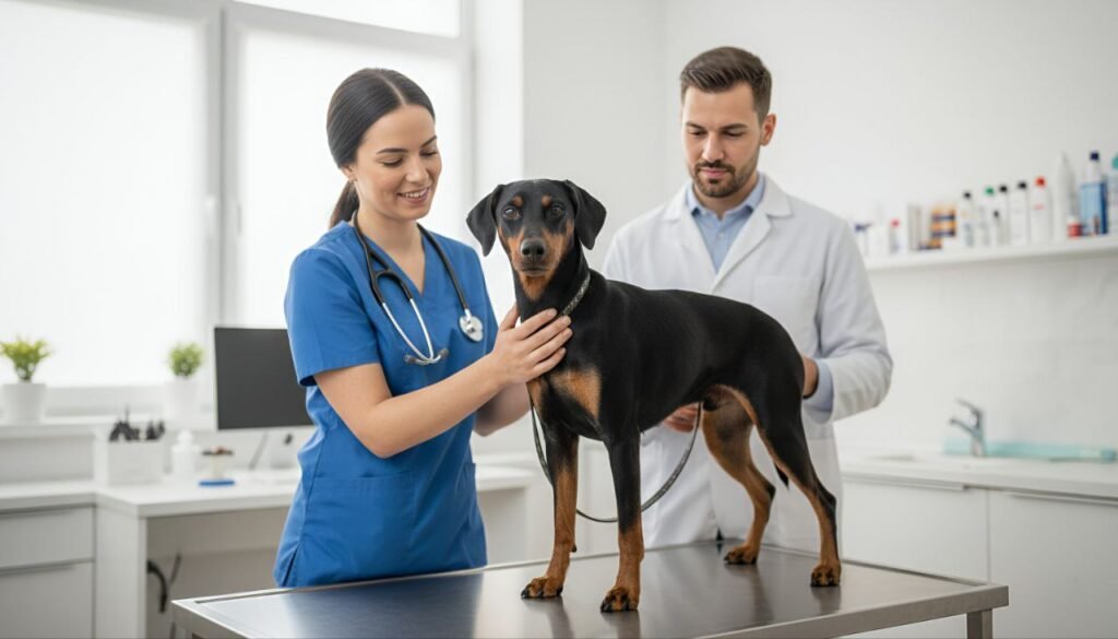 German Pinscher being examined by a veterinarian during a routine checkup