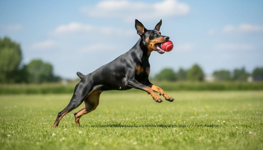 German Pinscher mid-jump outdoors catching a ball, exhibiting an energetic and playful temperament