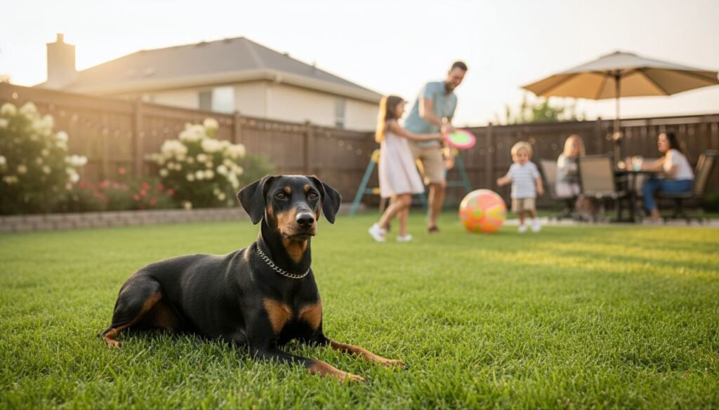 German Pinscher resting in a backyard with family members playing in the background