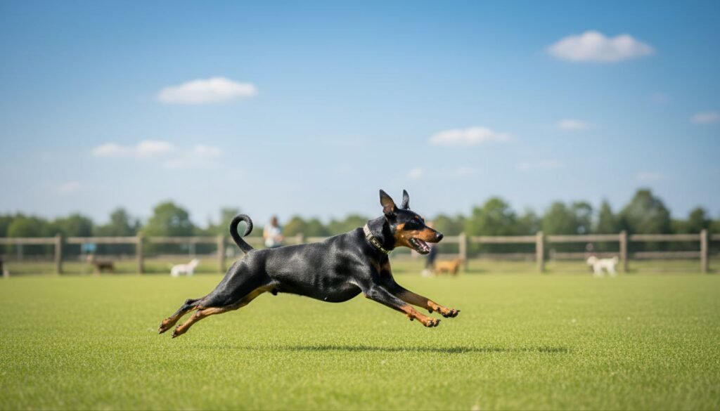German Pinscher running energetically in a fenced yard on a sunny day