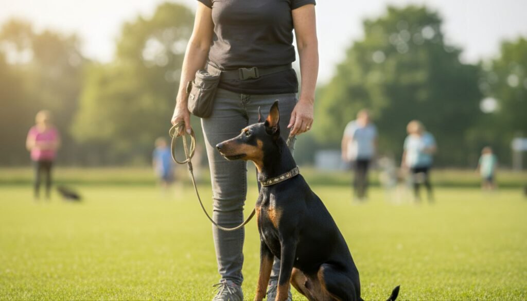 German Pinscher sitting and paying attention to its owner during training in a park