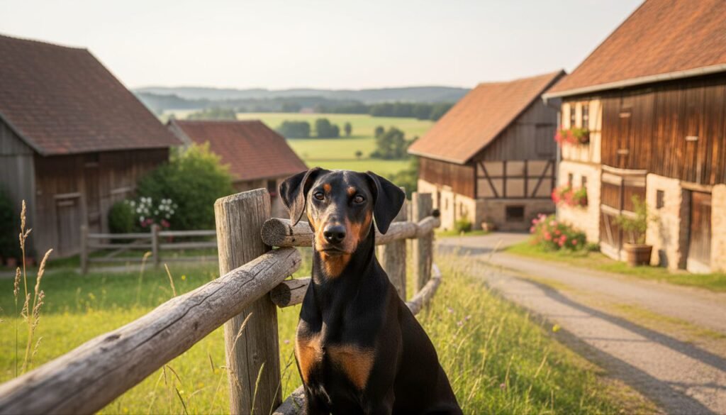 German Pinscher sitting next to a wooden fence on a traditional German farm with barns and hills in the background