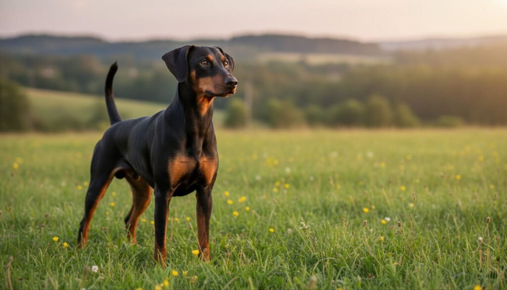 German Pinscher standing alert on a grassy field, showcasing its sleek coat and muscular body during sunset
