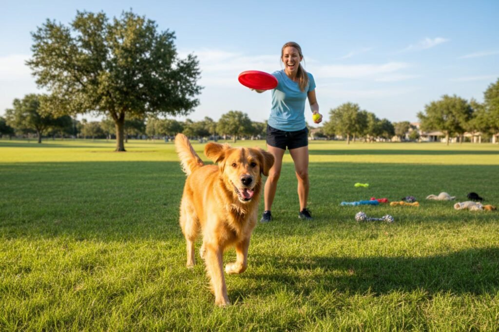 Happy dog running in a sunny park with a smiling owner playing nearby, showcasing a healthy and active lifestyle