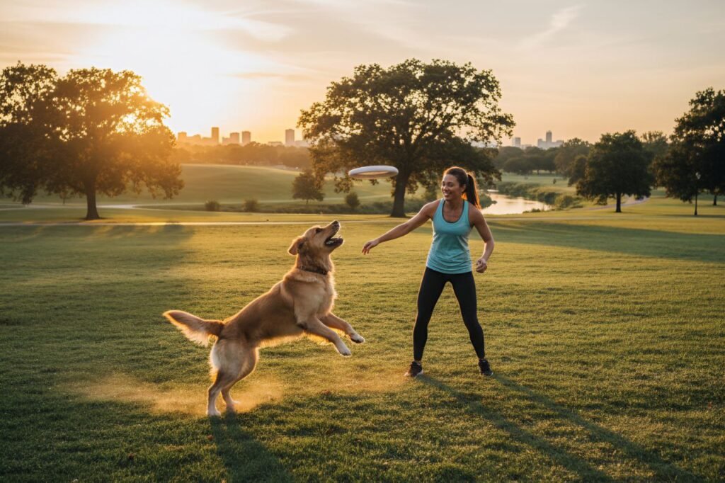 Dog catching a ball mid-air while playing fetch in a park