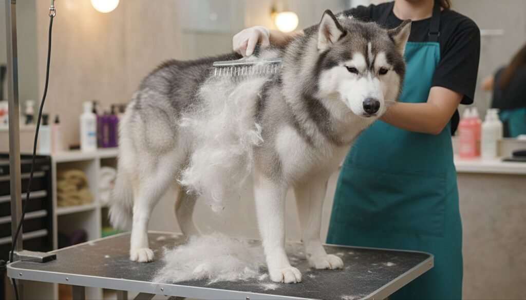 A grooming sequence showing a Husky being brushed, shedding, and having nails trimmed