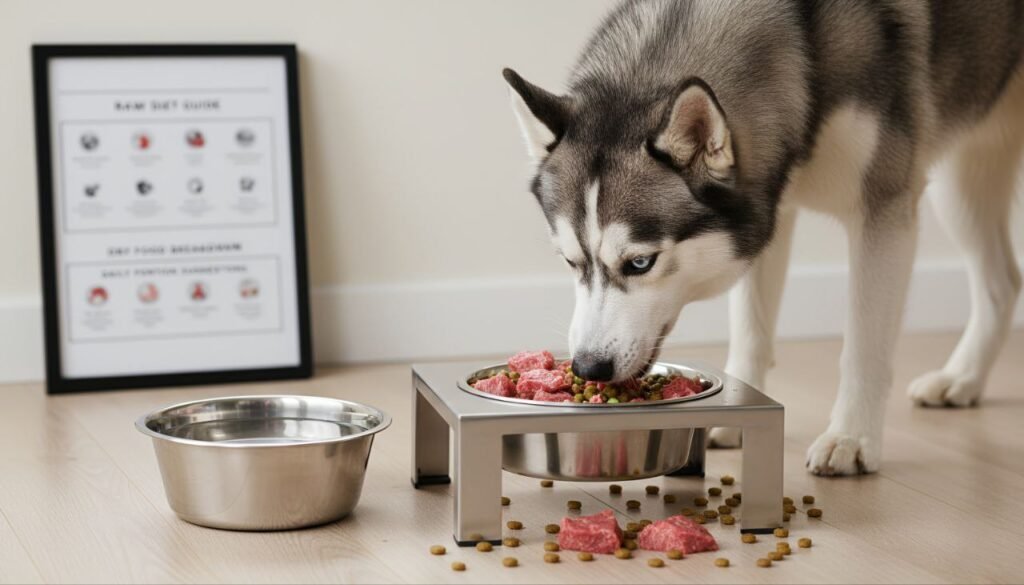 Husky dog eating balanced food with icons showing nutrients like protein, fat, and water