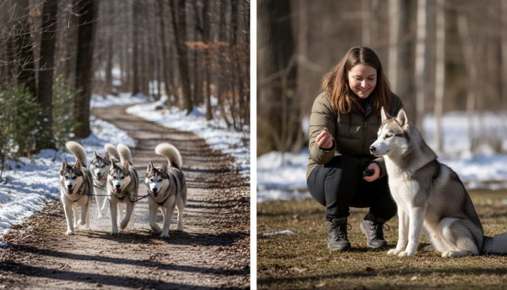 Husky dog sprinting outdoors and another in a training session with its owner using positive reinforcement