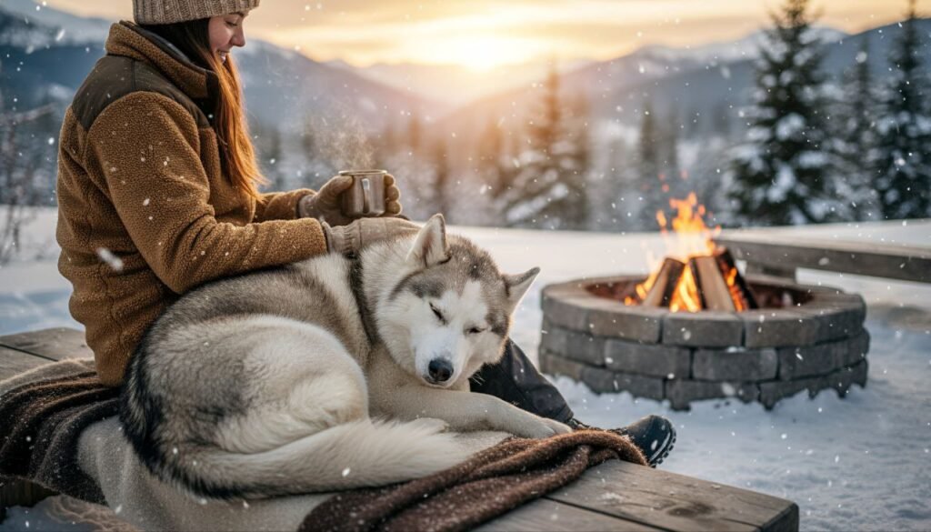 Husky resting with a human outdoors in a peaceful, natural setting, symbolizing companionship