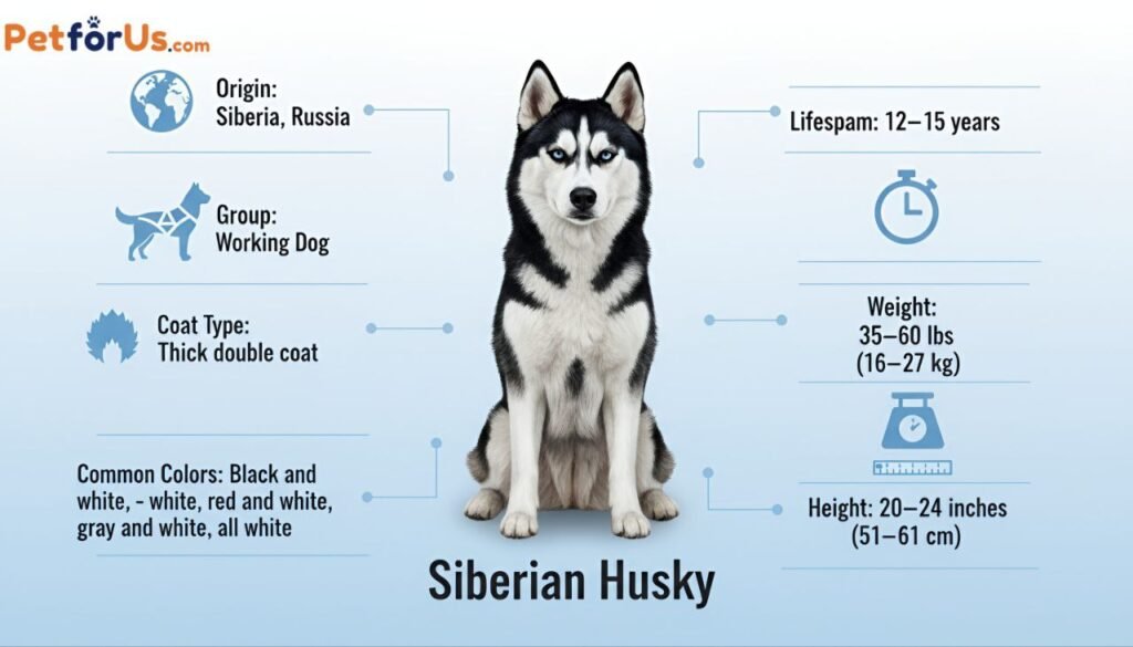 Infographic showing Siberian Husky breed information including height, weight, coat, and origin