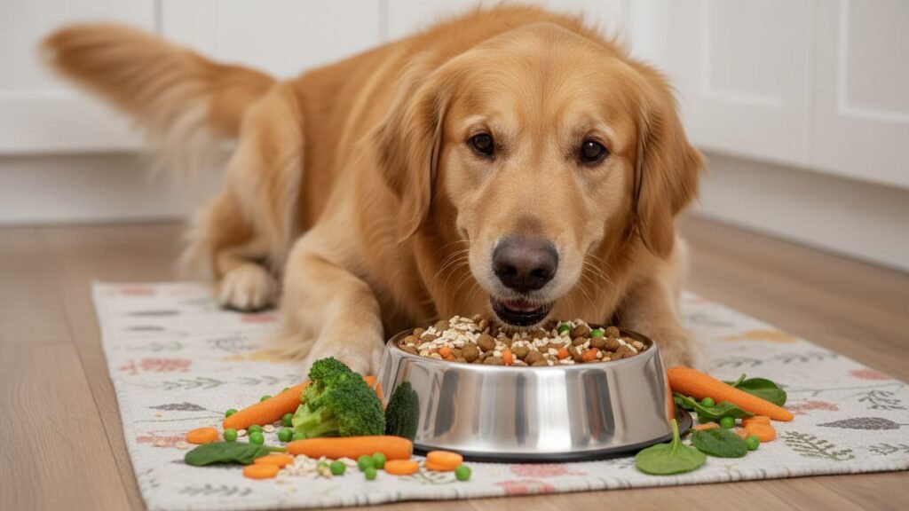 Myths About Dog Food: A dog enjoying a healthy meal with grains and vegetables in its food bowl