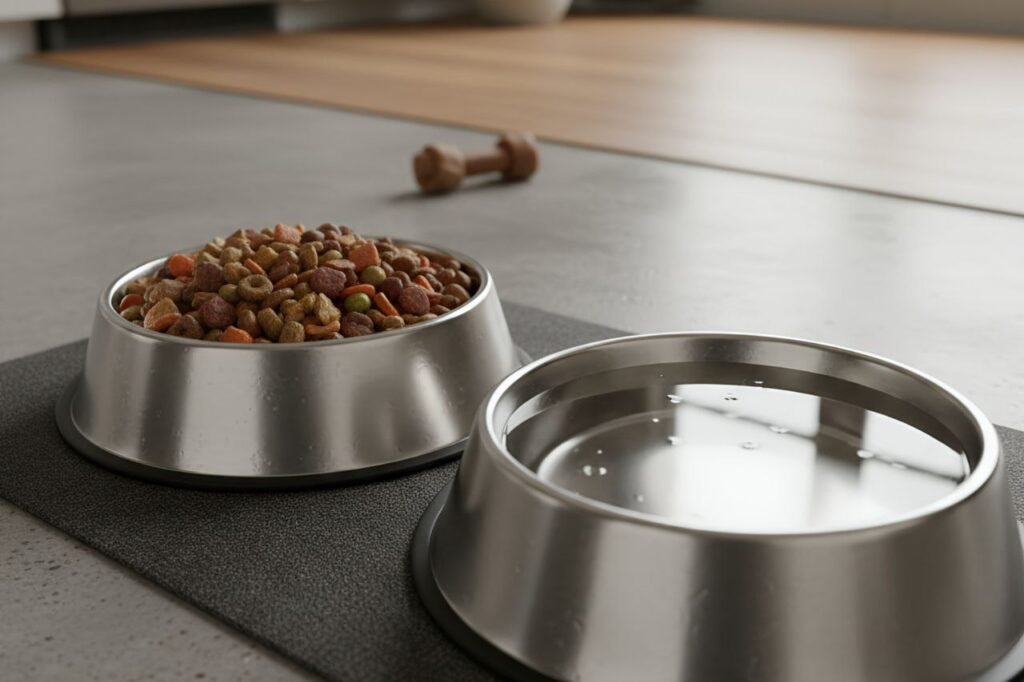 Nutritious dog food in a clean bowl placed on a feeding mat