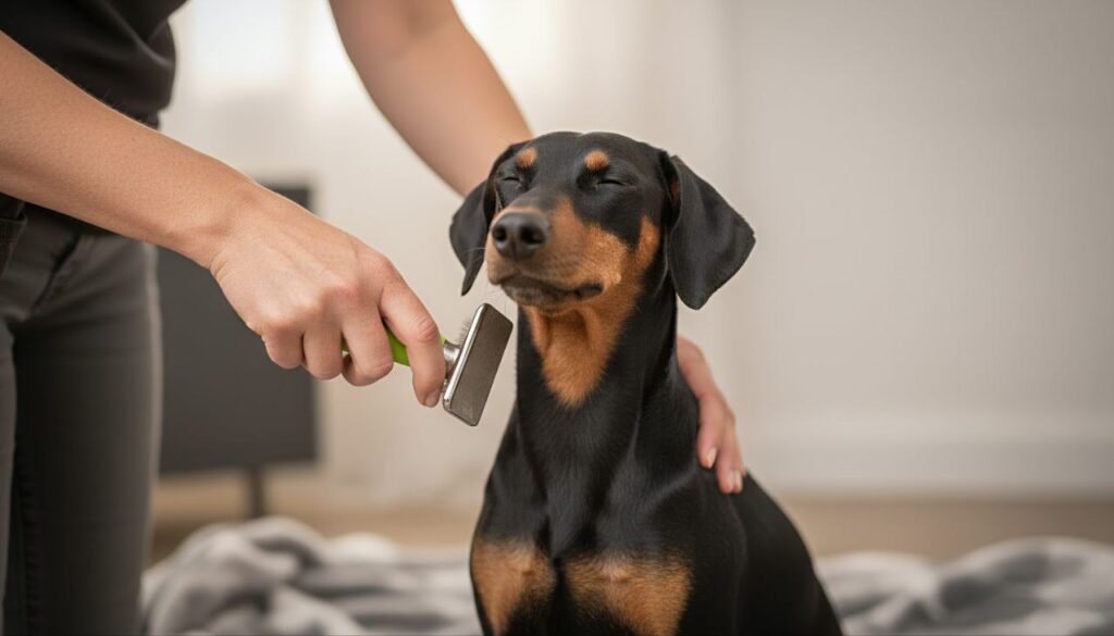 Person brushing a German Pinscher’s short, smooth coat with a soft brush