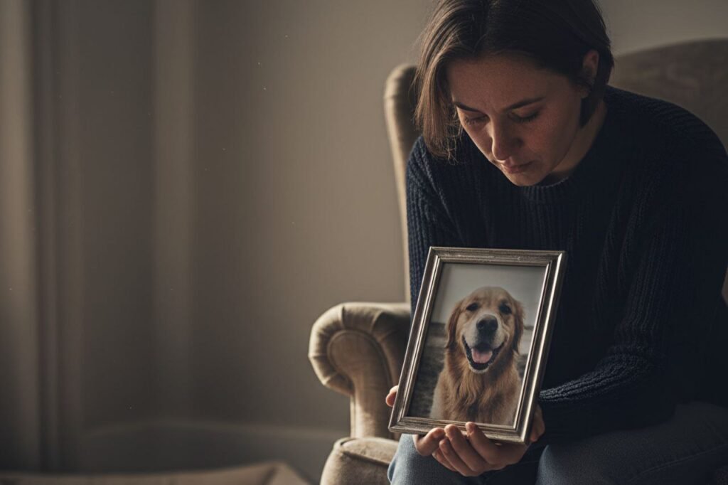 Pet owner holding a photo of their beloved dog, remembering them