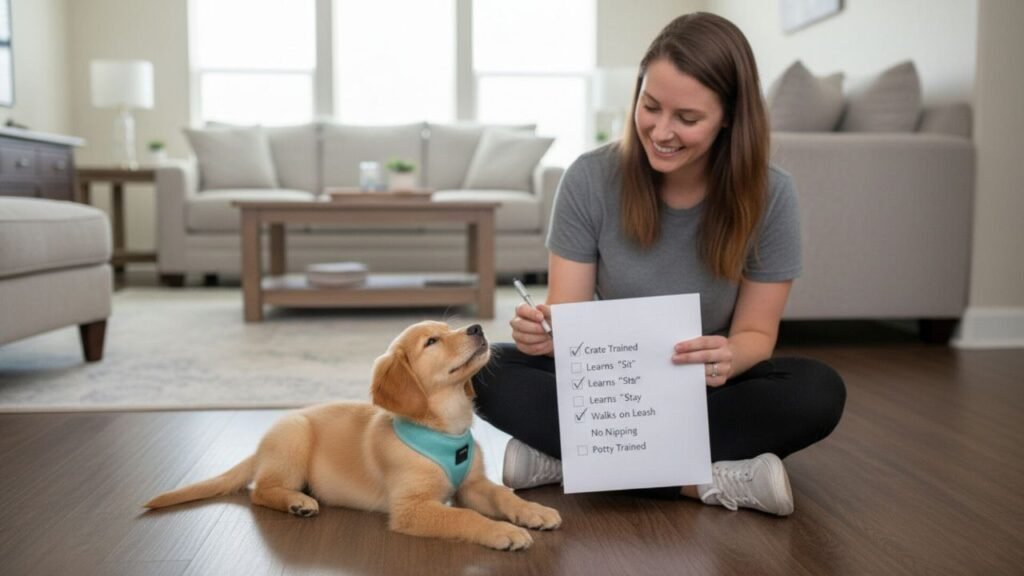 Pet owner reviewing puppy’s potty training progress on a checklist