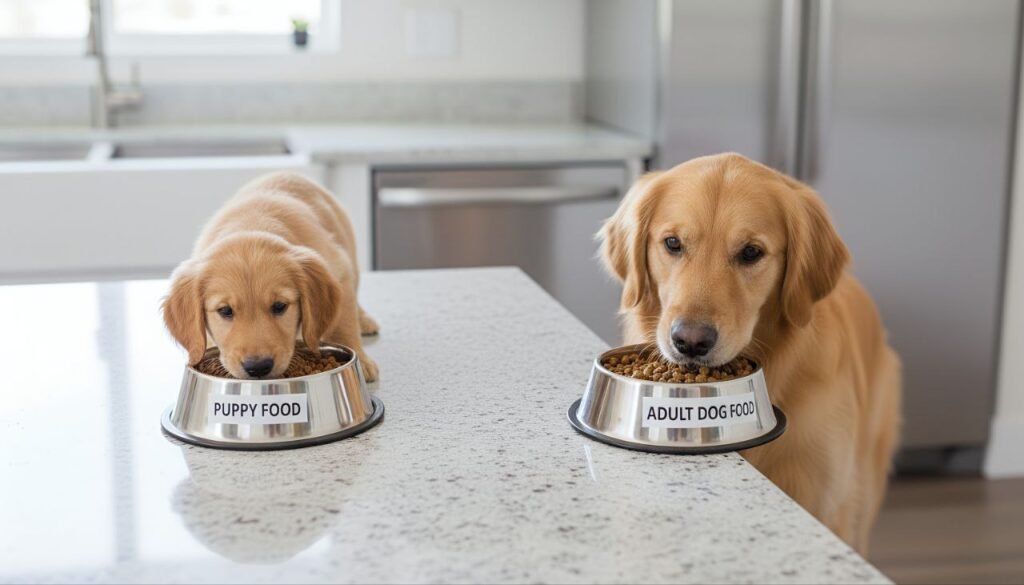 Puppy and adult dog eating different age-appropriate foods