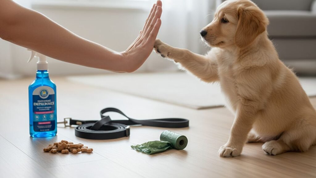 Puppy and owner high-five next to potty training tools