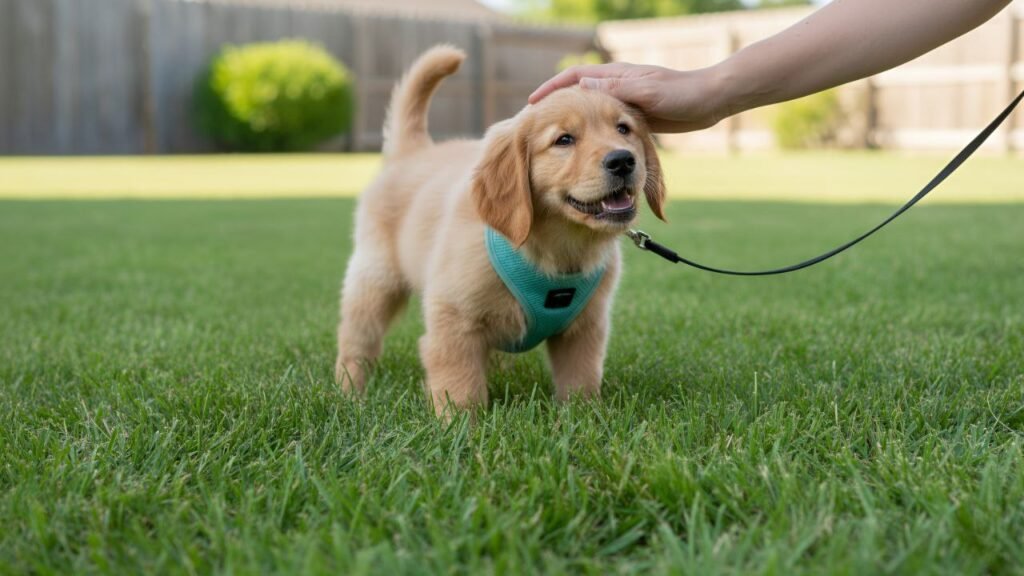 Puppy being rewarded with treats and praise after successful potty outside