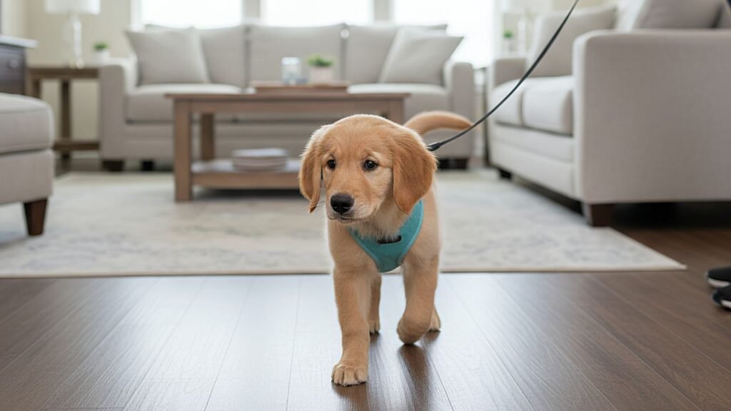 Puppy exploring indoors with a leash on while being closely supervised