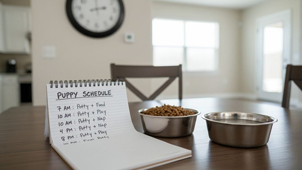 Puppy feeding and potty schedule written on paper beside dog bowls