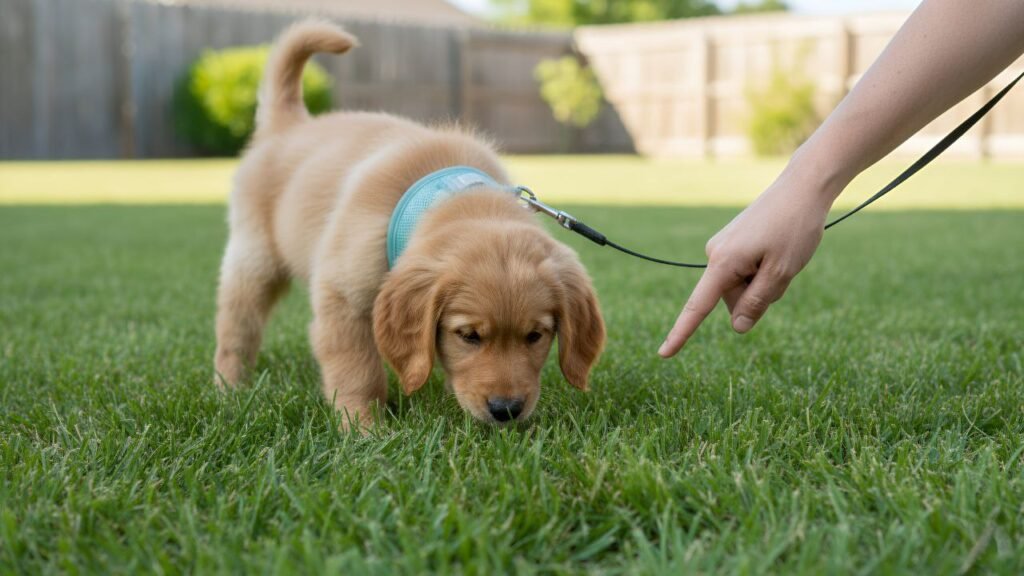 Train Your Puppy in 7 Days Puppy on a leash being guided to a potty spot in the backyard