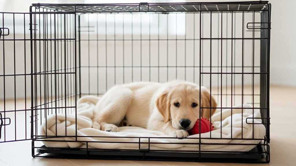 Puppy lying comfortably in a crate during potty training