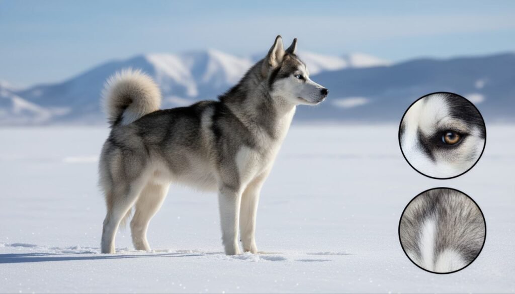 Siberian Husky showing off its thick coat, blue eyes, and athletic build in a snowy environment