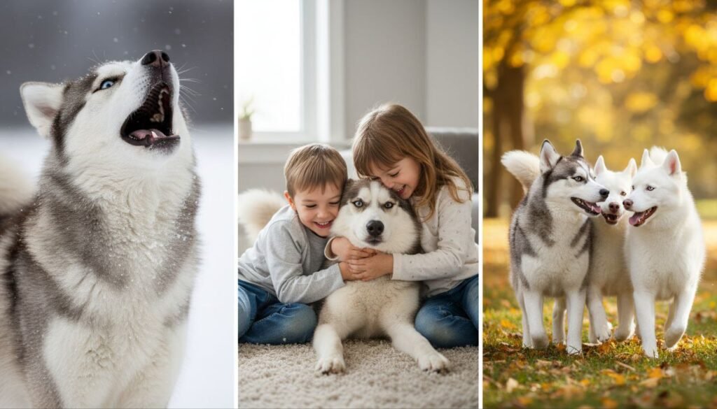 Photos showing playful, affectionate, and expressive sides of the Siberian Husky with families and other dogs