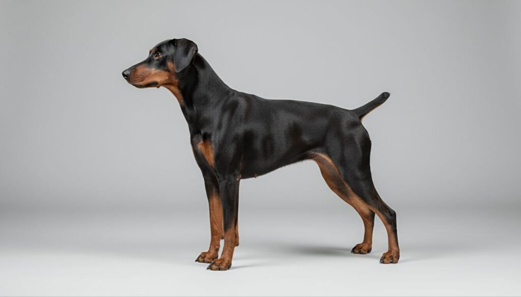 Side profile of a German Pinscher standing with its sleek, muscular body and shiny smooth coat visible