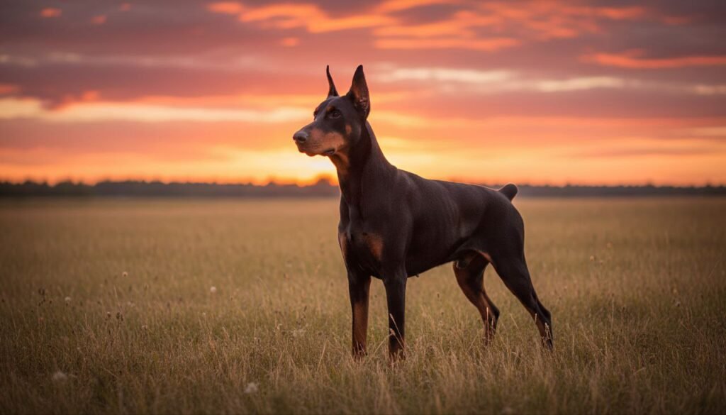 A strong and elegant Doberman Pinscher standing in a field during sunset