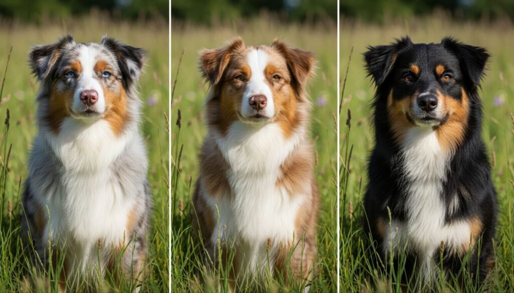 Various coat colors and eye types of Australian Shepherd dogs.