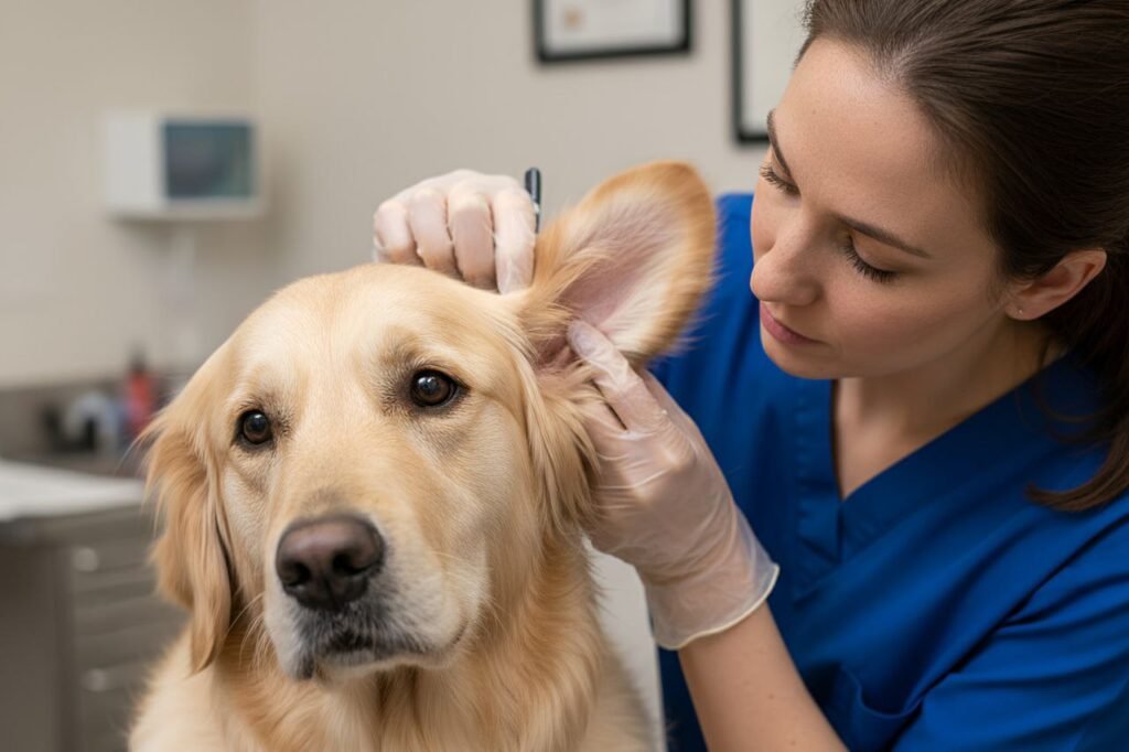Vet checking a dog’s ear during a routine care session