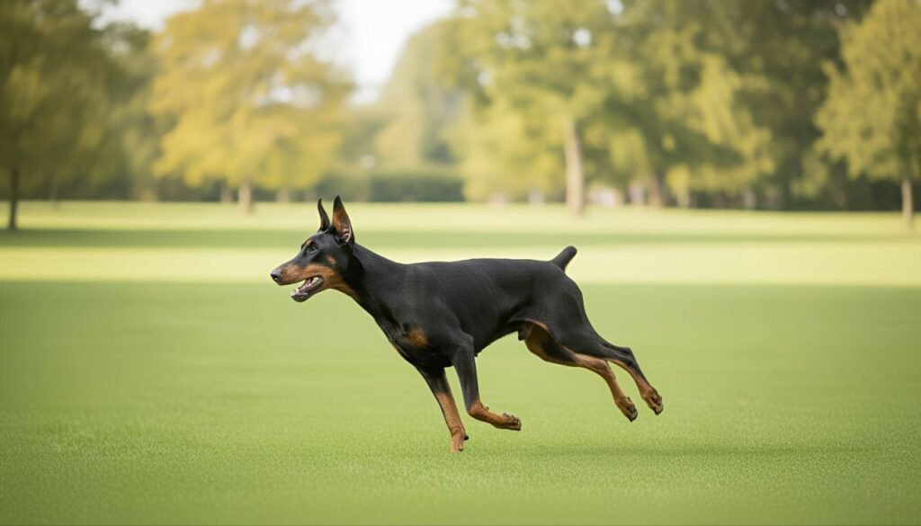 An energetic Doberman running through a grassy field