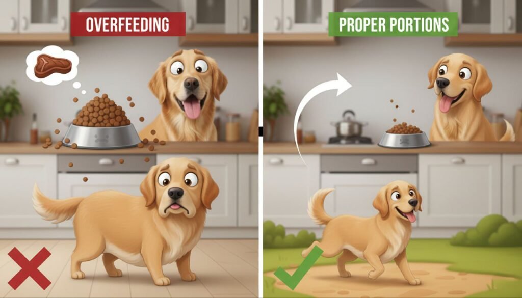 Overeating versus portion-controlled feeding illustrated with a cartoon dog