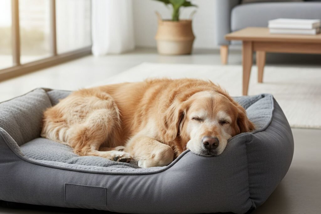 Senior dog relaxing on a soft orthopedic bed at home